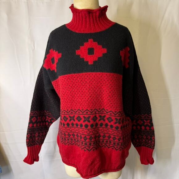 Esprit Vintage 100% Wool Turtleneck Sweater Red Black Aztec Fair Isle Knit L - Picture 2 of 6